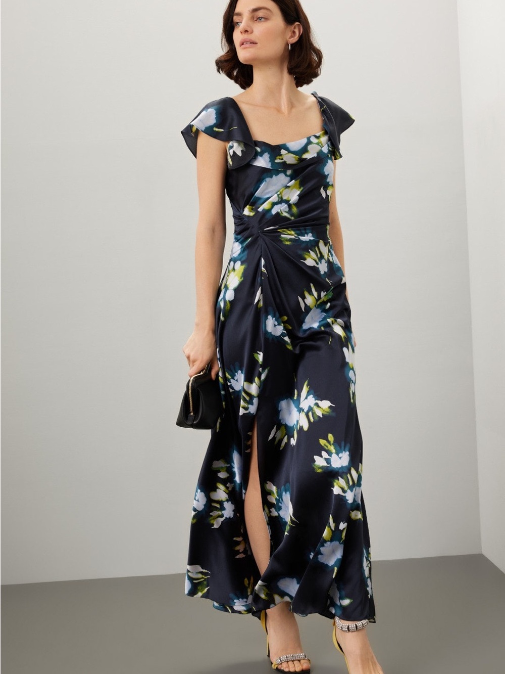 Tanya Taylor Navy Floral Satin Twist-Waist Maxi Dress